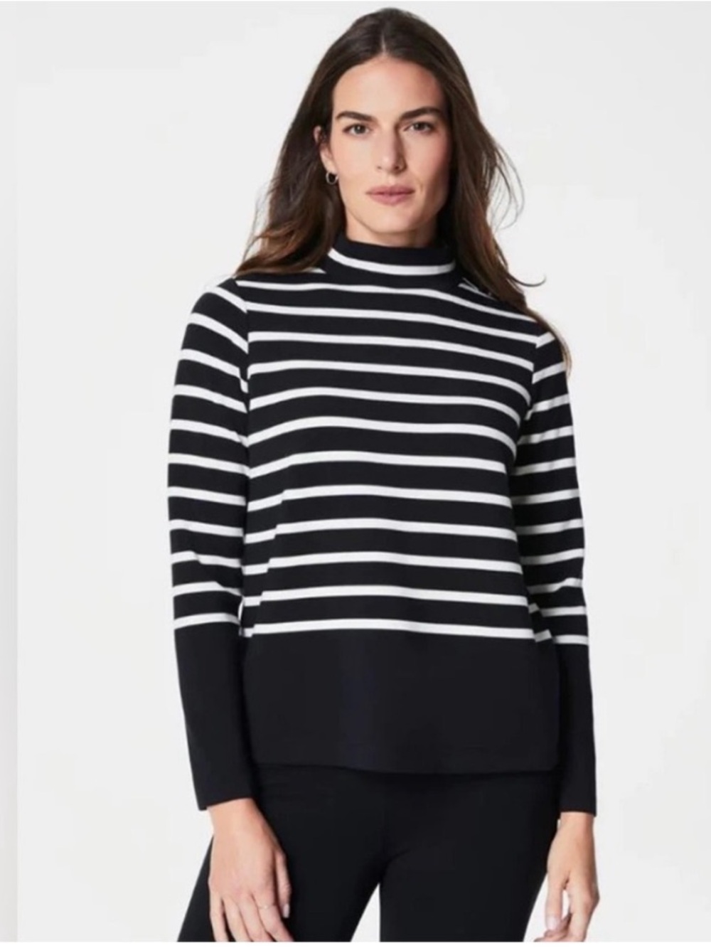 SPANX AirEssentials Mock Neck Pullover Black White Stripe Size 1X.